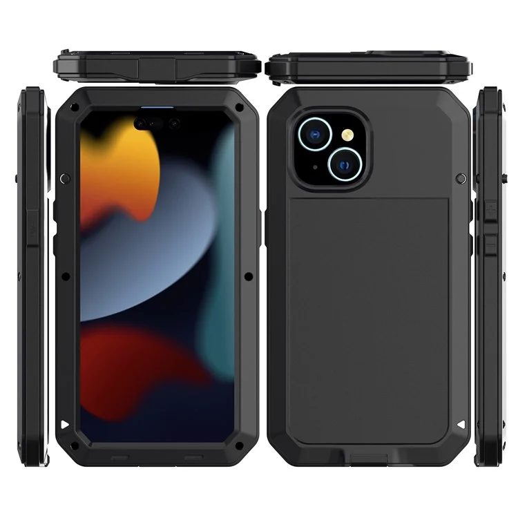 Phone Case with Tempered Glass Film for iPhone 15 , Silicone+PC+Metal Anti-drop Phone Cover - Black