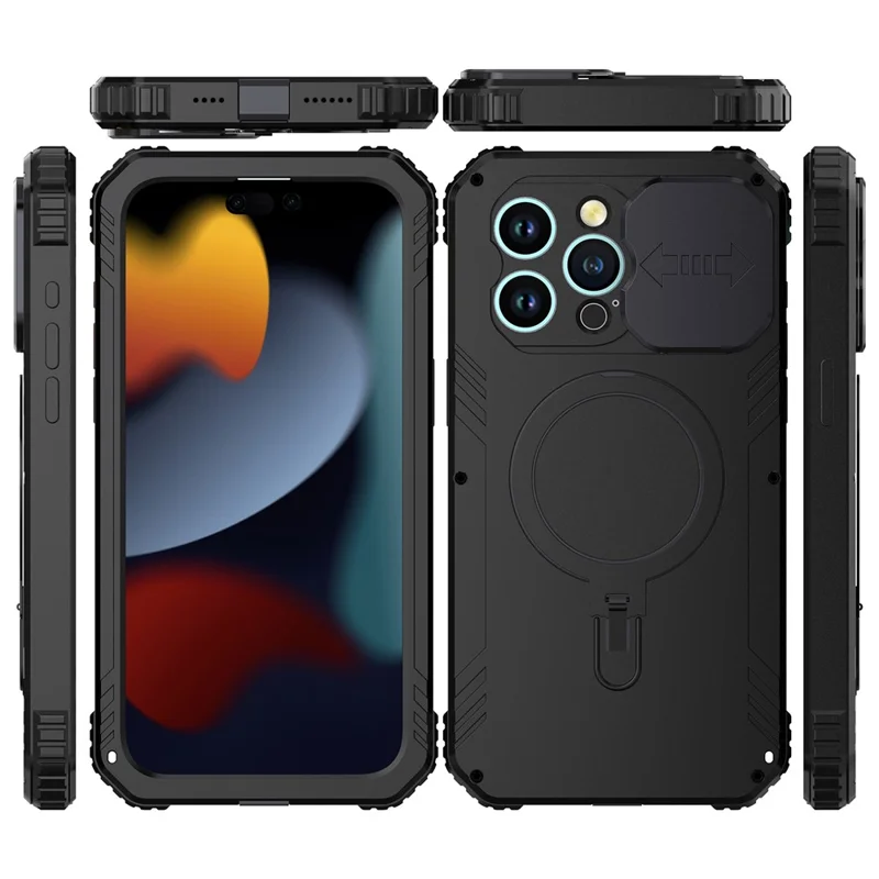 Metal+Silicone Camera Slider Phone Case for iPhone 15 Shockproof Cover Compatible with MagSafe with Tempered Glass Film - Black