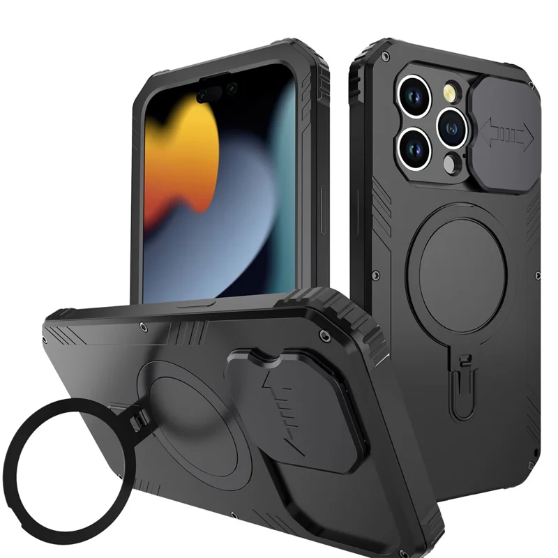 Metal+Silicone Camera Slider Phone Case for iPhone 15 Shockproof Cover Compatible with MagSafe with Tempered Glass Film - Black