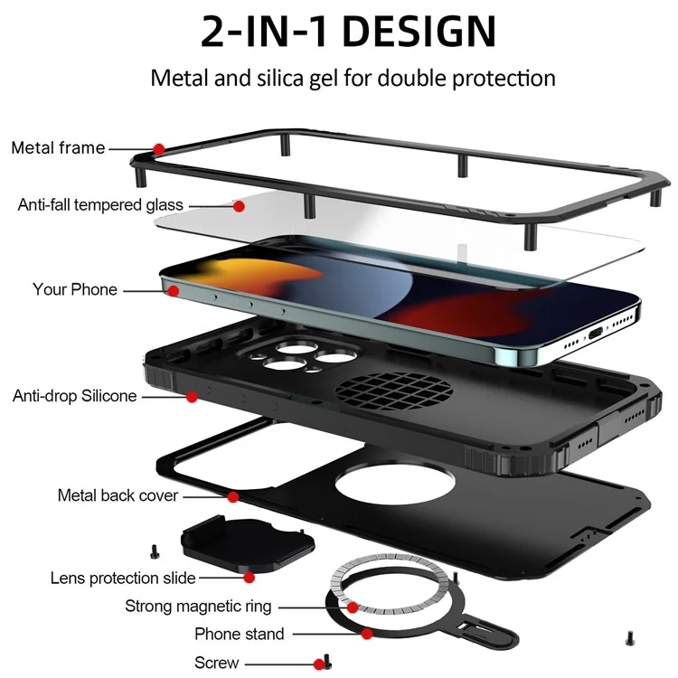 Metal+Silicone Camera Slider Phone Case for iPhone 15 Shockproof Cover Compatible with MagSafe with Tempered Glass Film - Black