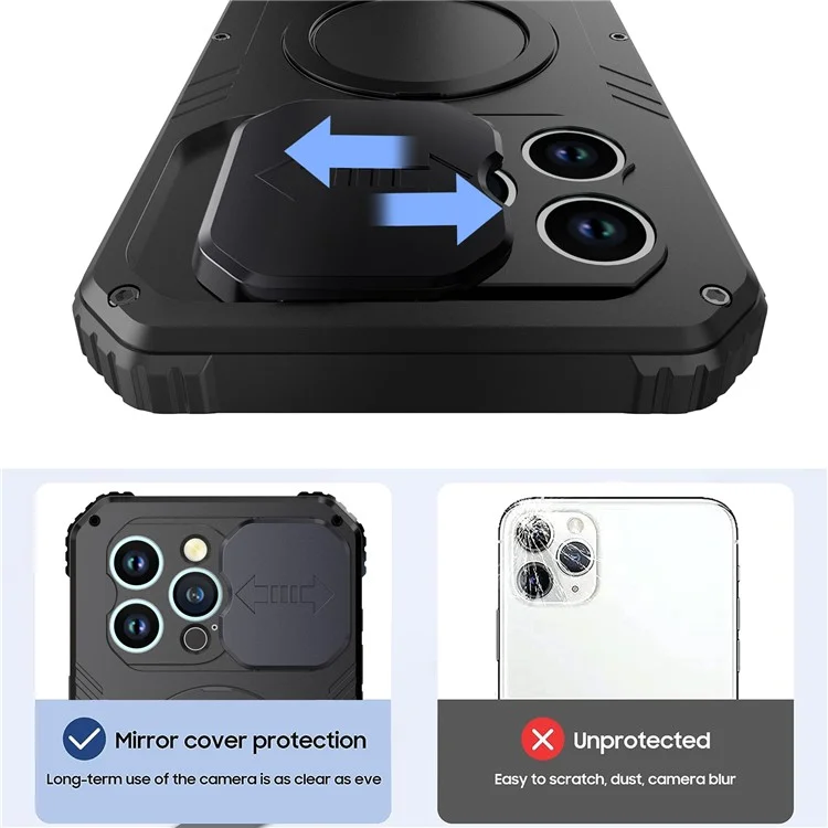 Metal+Silicone Camera Slider Phone Case for iPhone 15 Shockproof Cover Compatible with MagSafe with Tempered Glass Film - Black
