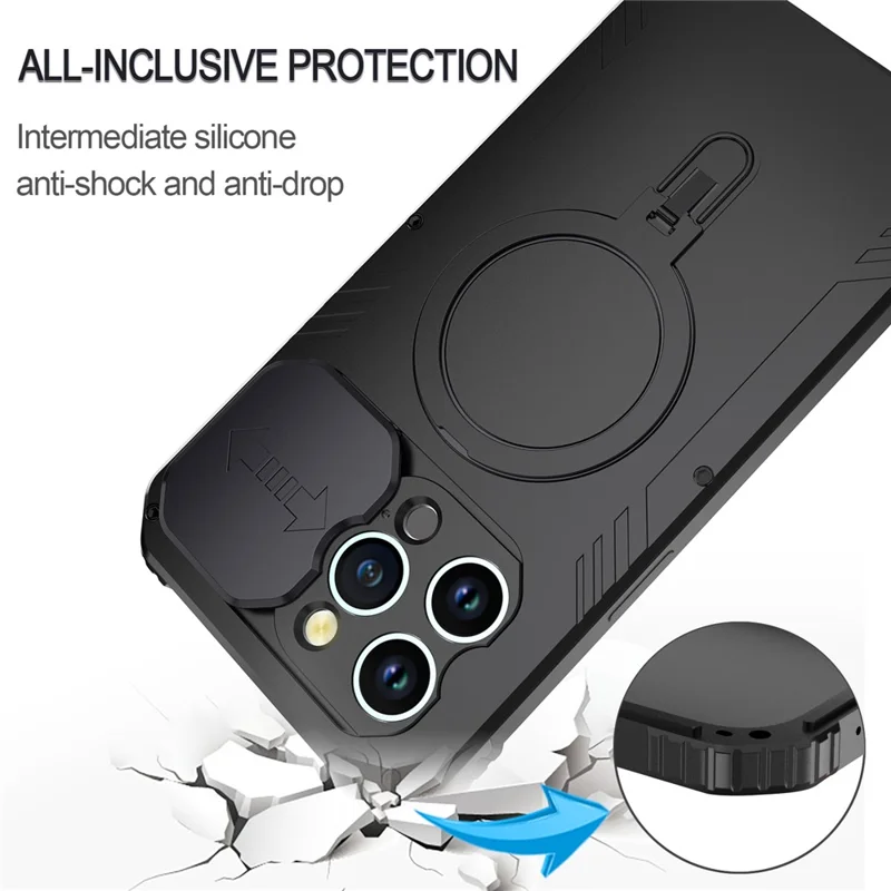 Metal+Silicone Camera Slider Phone Case for iPhone 15 Shockproof Cover Compatible with MagSafe with Tempered Glass Film - Black