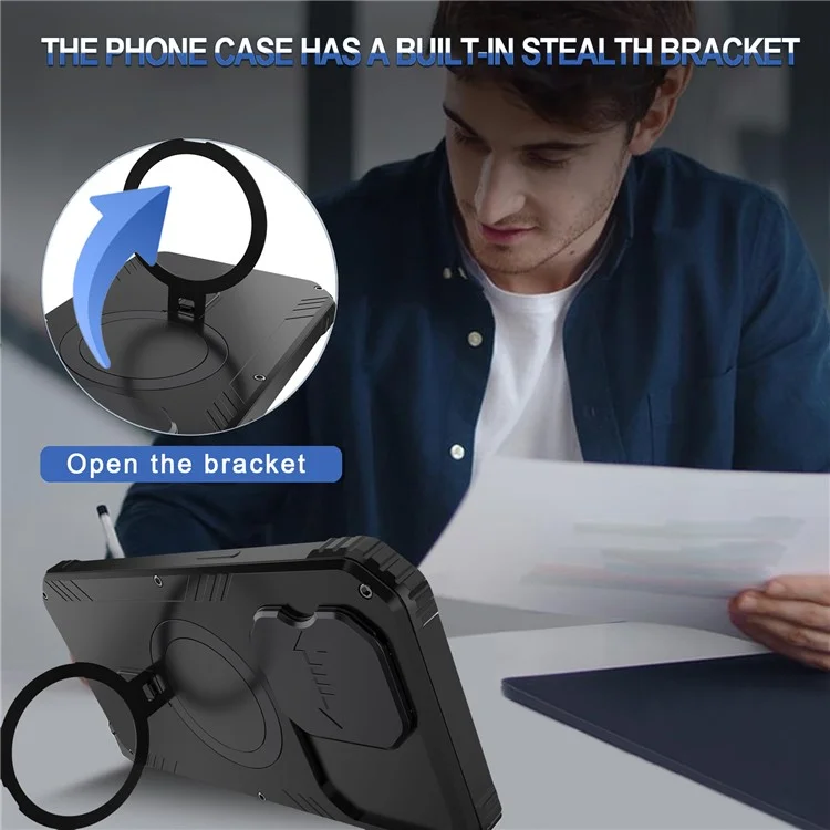 Metal+Silicone Camera Slider Phone Case for iPhone 15 Shockproof Cover Compatible with MagSafe with Tempered Glass Film - Black