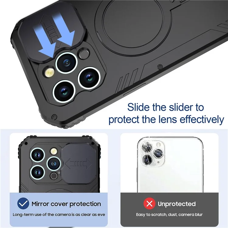 Metal+Silicone Camera Slider Phone Case for iPhone 15 Shockproof Cover Compatible with MagSafe with Tempered Glass Film - Black
