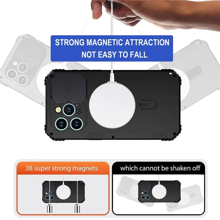 Metal+Silicone Camera Slider Phone Case for iPhone 15 Shockproof Cover Compatible with MagSafe with Tempered Glass Film - Black