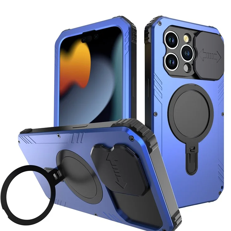 Camera Slider Anti-drop Phone Case for iPhone 15 Pro Max Metal+Silicone Cover with Tempered Glass Film Compatible with MagSafe - Blue
