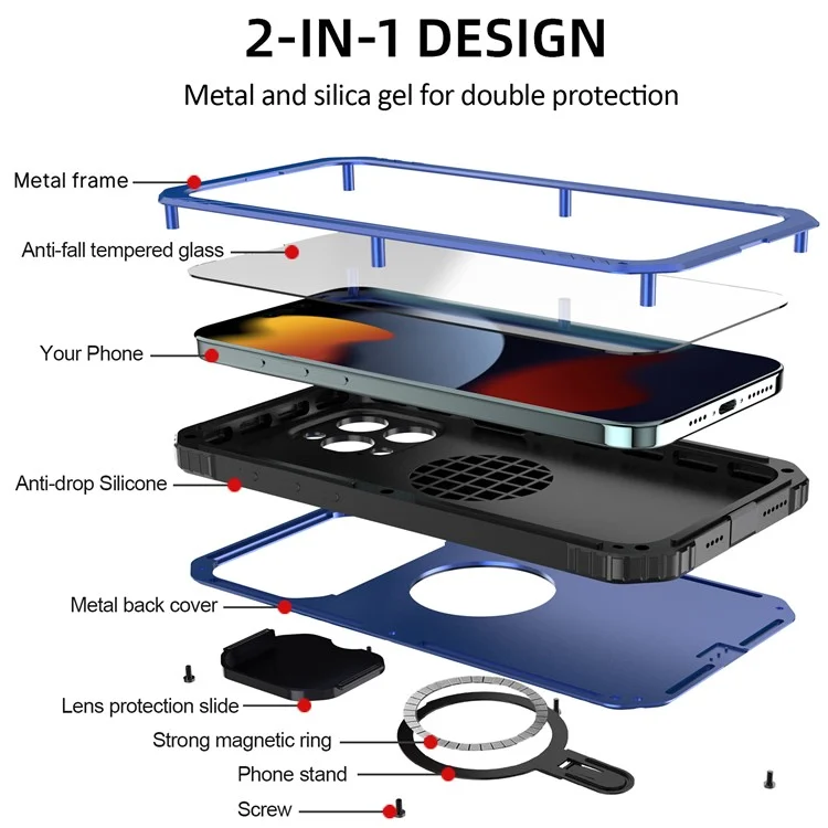 Camera Slider Anti-drop Phone Case for iPhone 15 Pro Max Metal+Silicone Cover with Tempered Glass Film Compatible with MagSafe - Blue