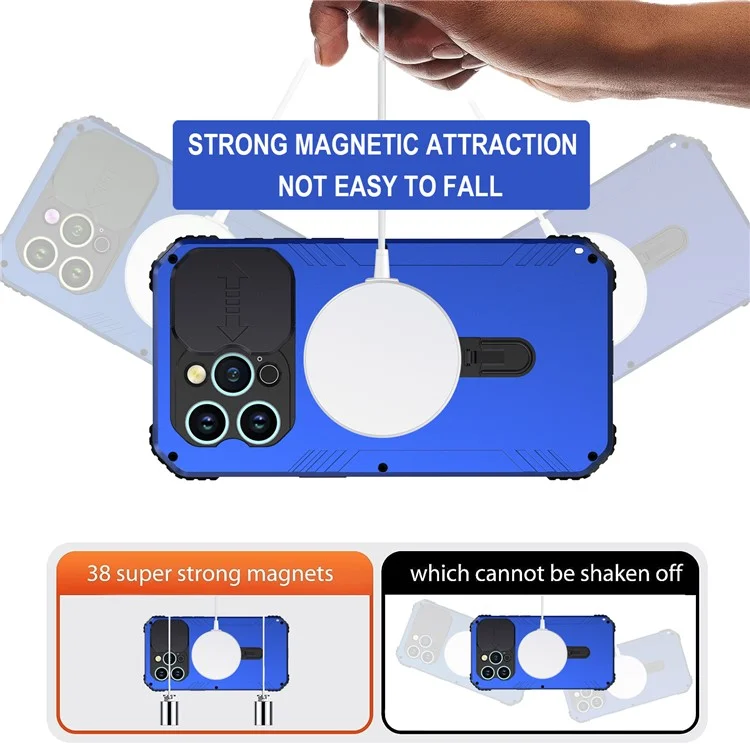 Camera Slider Anti-drop Phone Case for iPhone 15 Pro Max Metal+Silicone Cover with Tempered Glass Film Compatible with MagSafe - Blue
