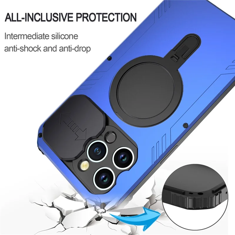 Camera Slider Anti-drop Phone Case for iPhone 15 Pro Max Metal+Silicone Cover with Tempered Glass Film Compatible with MagSafe - Blue