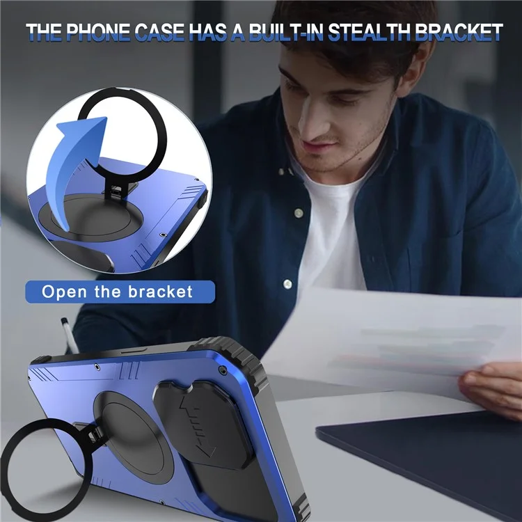 Camera Slider Anti-drop Phone Case for iPhone 15 Pro Max Metal+Silicone Cover with Tempered Glass Film Compatible with MagSafe - Blue