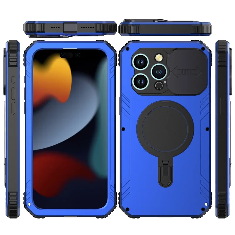 Camera Slider Anti-drop Phone Case for iPhone 15 Pro Max Metal+Silicone Cover with Tempered Glass Film Compatible with MagSafe - Blue