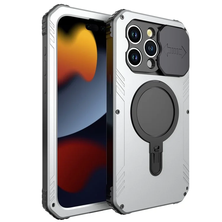 Kamera-Slider-Antidrop-Handyhülle für iPhone 15 Pro Max Metall+Silikon-Cover mit Hartglasfilm kompatibel mit MagSafe - Silber