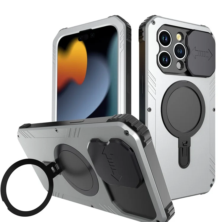 Kamera-Slider-Antidrop-Handyhülle für iPhone 15 Pro Max Metall+Silikon-Cover mit Hartglasfilm kompatibel mit MagSafe - Silber