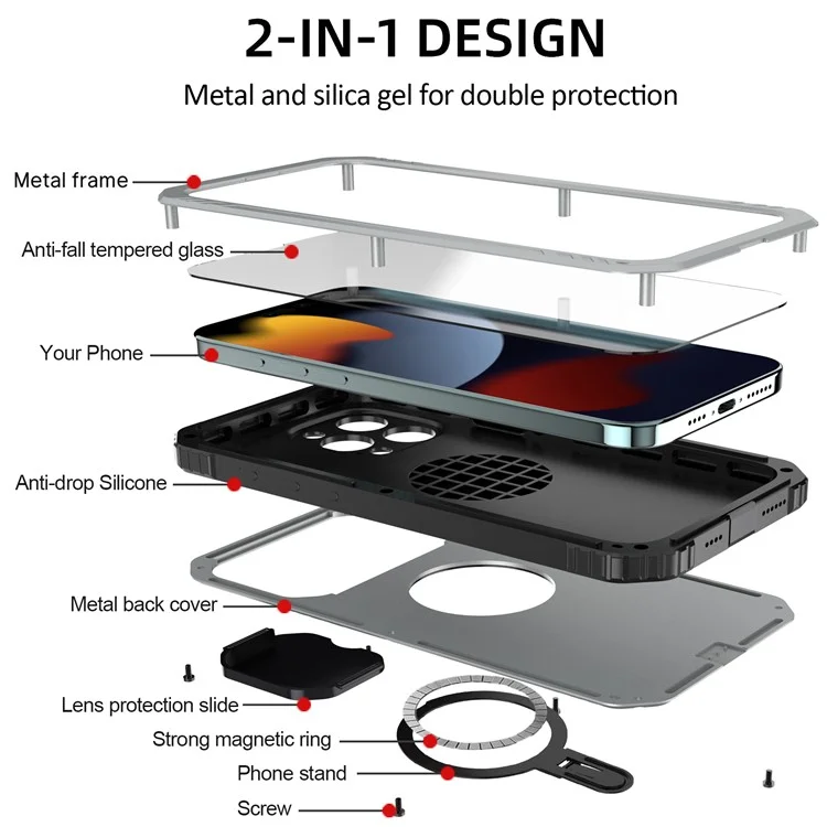 Kamera-Slider-Antidrop-Handyhülle für iPhone 15 Pro Max Metall+Silikon-Cover mit Hartglasfilm kompatibel mit MagSafe - Silber