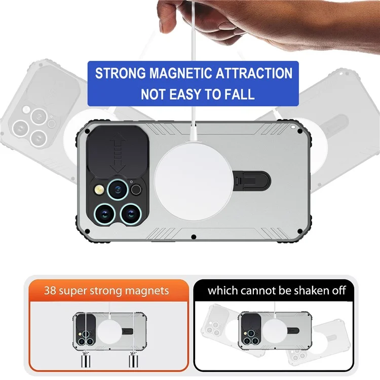 Kamera-Slider-Antidrop-Handyhülle für iPhone 15 Pro Max Metall+Silikon-Cover mit Hartglasfilm kompatibel mit MagSafe - Silber