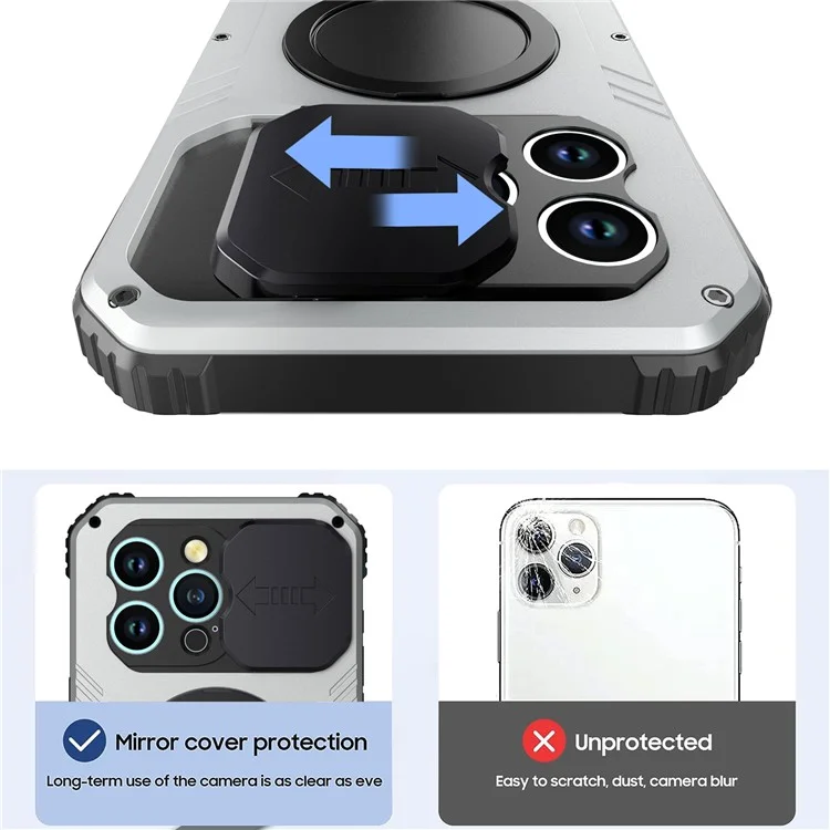 Kamera-Slider-Antidrop-Handyhülle für iPhone 15 Pro Max Metall+Silikon-Cover mit Hartglasfilm kompatibel mit MagSafe - Silber