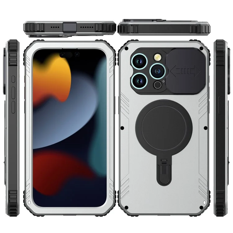 Kamera-Slider-Antidrop-Handyhülle für iPhone 15 Pro Max Metall+Silikon-Cover mit Hartglasfilm kompatibel mit MagSafe - Silber