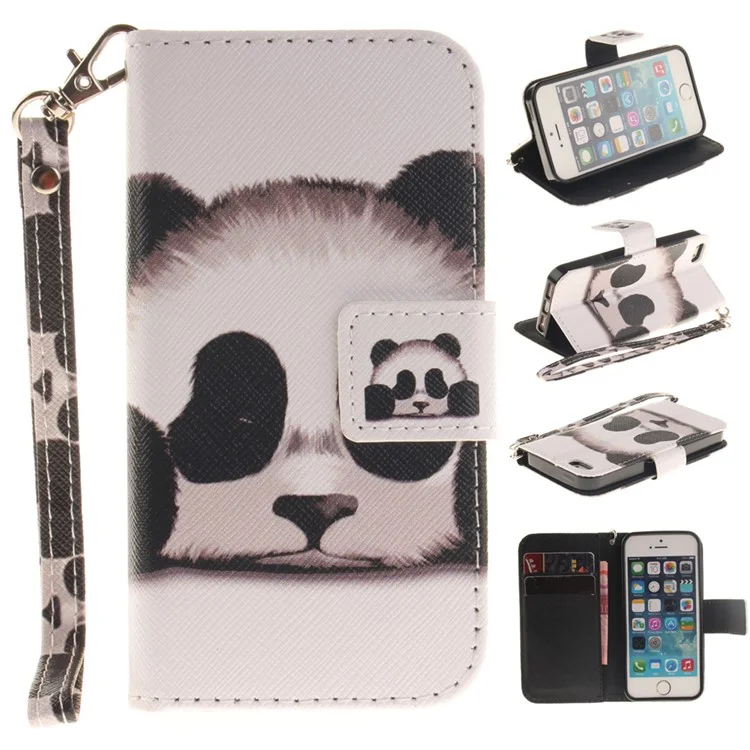 Patterned Leather Wallet Stand Case for iPhone SE/5s/5 with Wrist Strap - Panda