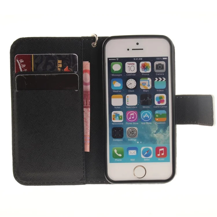 Patterned Leather Wallet Stand Case for iPhone SE/5s/5 with Wrist Strap - Panda