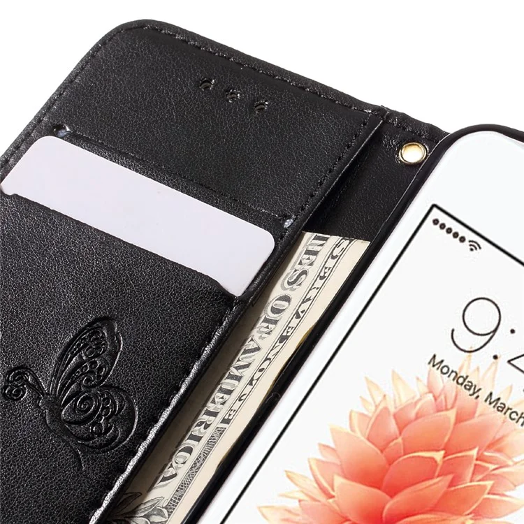 Imprint Butterfly Flower Stand Wallet Leather Case for iPhone 5 5S Se - Black