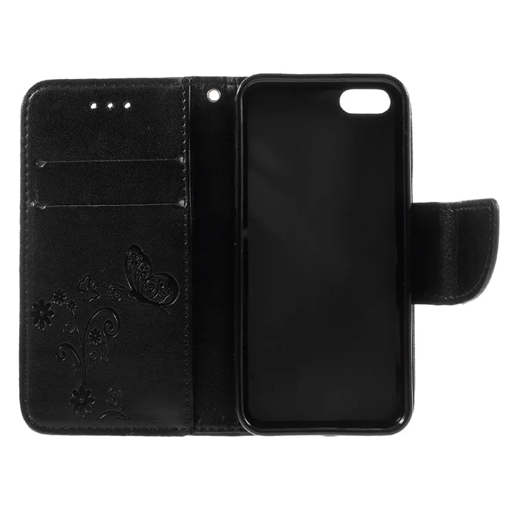 Imprint Butterfly Flower Stand Wallet Leather Case for iPhone 5 5S Se - Black