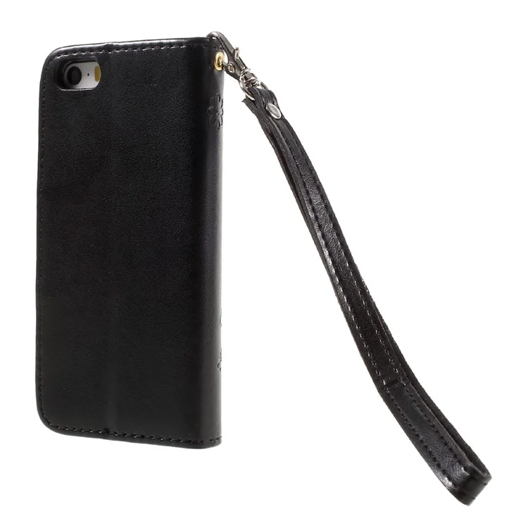 Imprint Butterfly Flower Stand Wallet Leather Case for iPhone 5 5S Se - Black