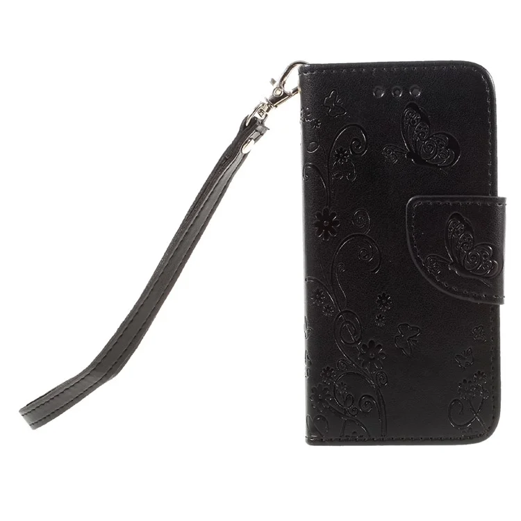 Imprint Butterfly Flower Stand Wallet Leather Case for iPhone 5 5S Se - Black