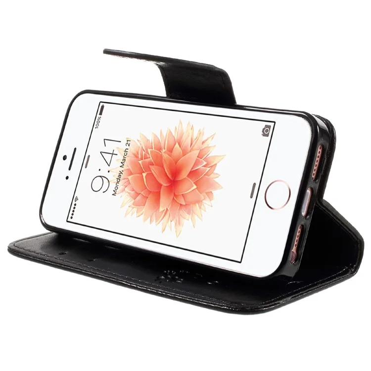 Imprint Butterfly Flower Stand Wallet Leather Case for iPhone 5 5S Se - Black