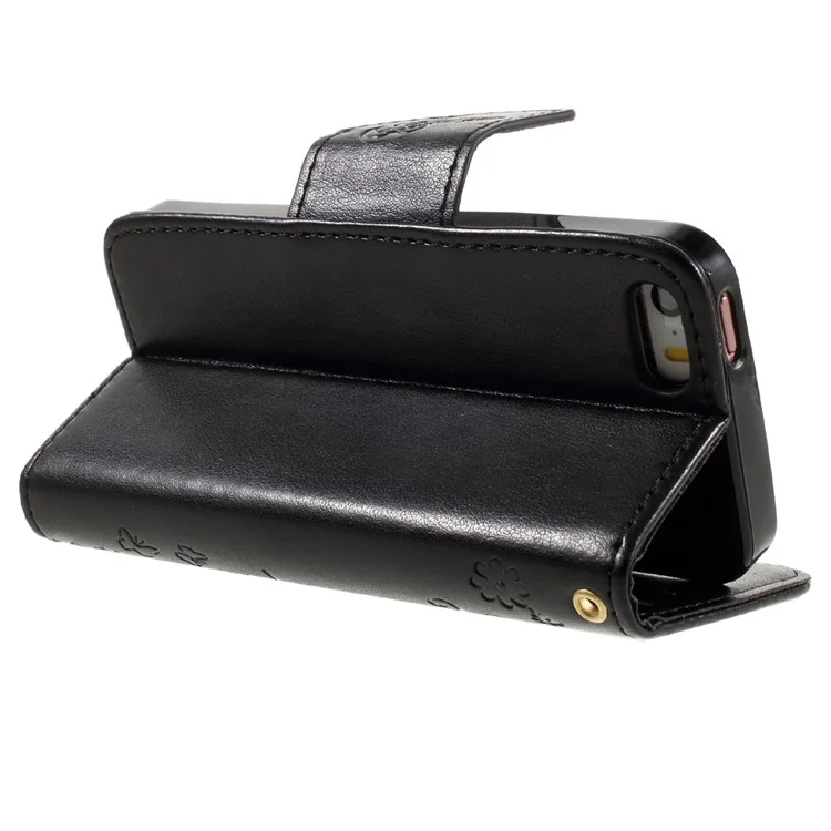 Imprint Butterfly Flower Stand Wallet Leather Case for iPhone 5 5S Se - Black