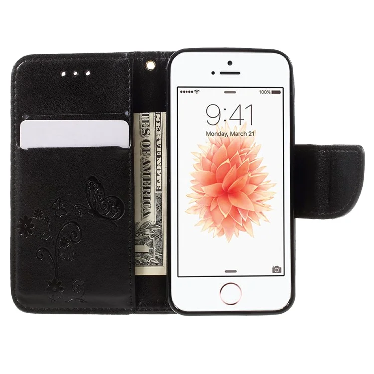 Imprint Butterfly Flower Stand Wallet Leather Case for iPhone 5 5S Se - Black