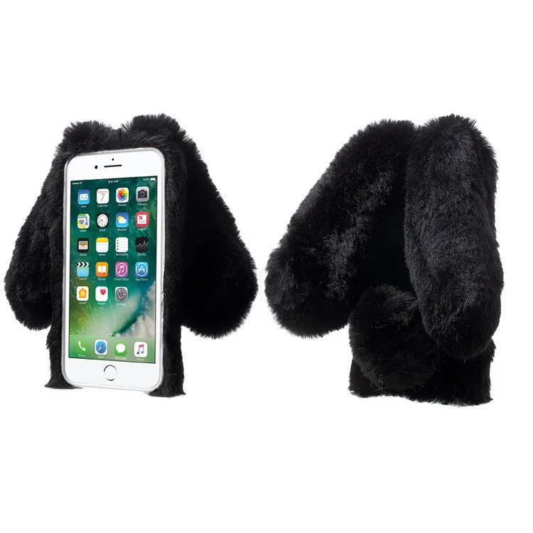 Rabbit Shape Warm Fur TPU Cell Phone Casing for iPhone SE (2020)/SE (2022)/8/7 4.7 inch - Black