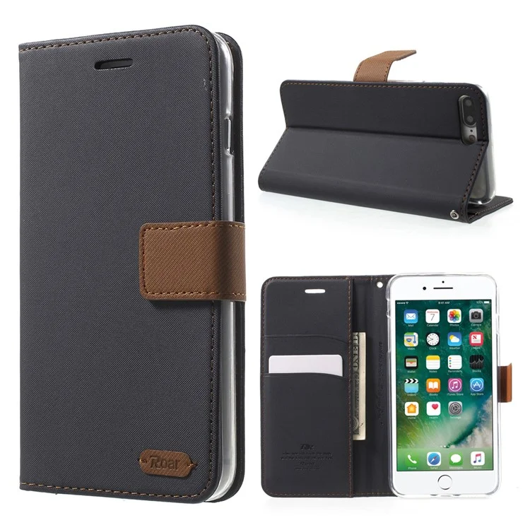 ROAR KOREA Twill Wallet Leather Stand Cover for iPhone 8 Plus / 7 Plus - Black