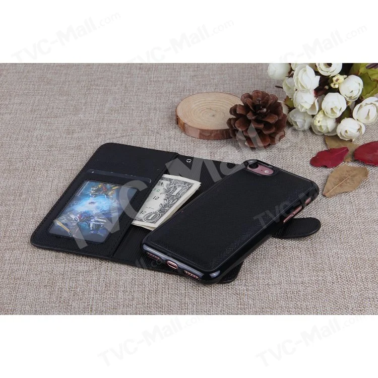 Cross Texture Leather Cover + Detachable TPU Back Case for iPhone 8 / 7 4.7 inch - Black