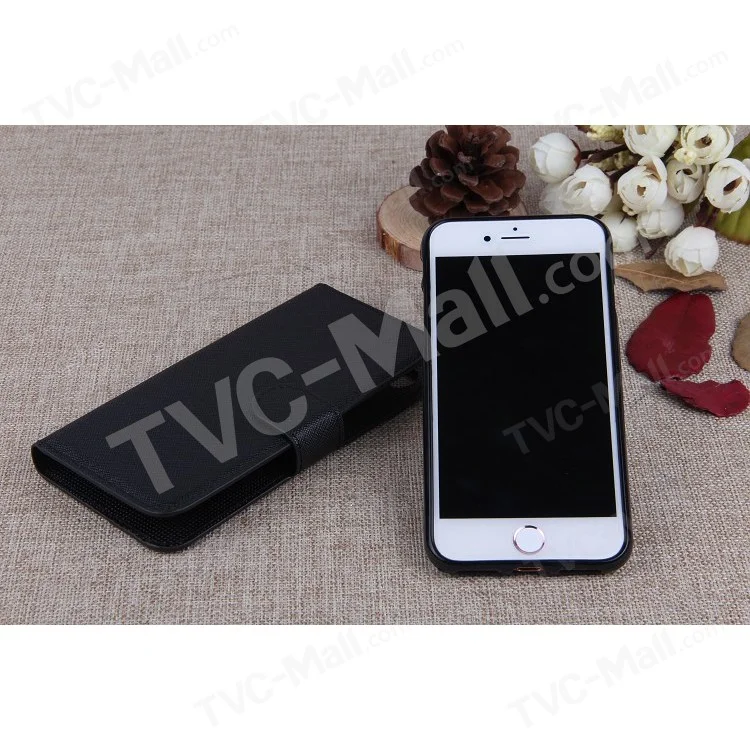 Cross Texture Leather Cover + Detachable TPU Back Case for iPhone 8 / 7 4.7 inch - Black