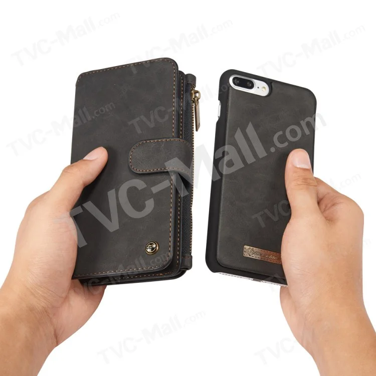 Caseme Para IPhone 8 Plus / 7 Mais 14 Slots Carteira Destacável 2-em-1 PC Genuine Split Case De Couro - Preto