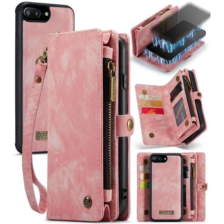 CASEME Vintage PU-Lederkoffer für iPhone 8 Plus / 7 Plus, 008 Series 2-in-1 PC Multi-slot Portemonnaie-Handyhülle - Pink