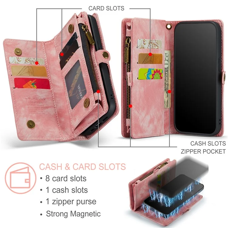 Caseme Para Iphone 8 Plus / 7 Plus 2-em 1 PC Multi-slot Carteira Vintage Case de Couro Split - Rosa