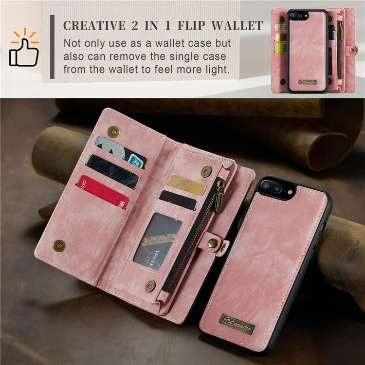 Caseme Para Iphone 8 Plus / 7 Plus 2-em 1 PC Multi-slot Carteira Vintage Case de Couro Split - Rosa