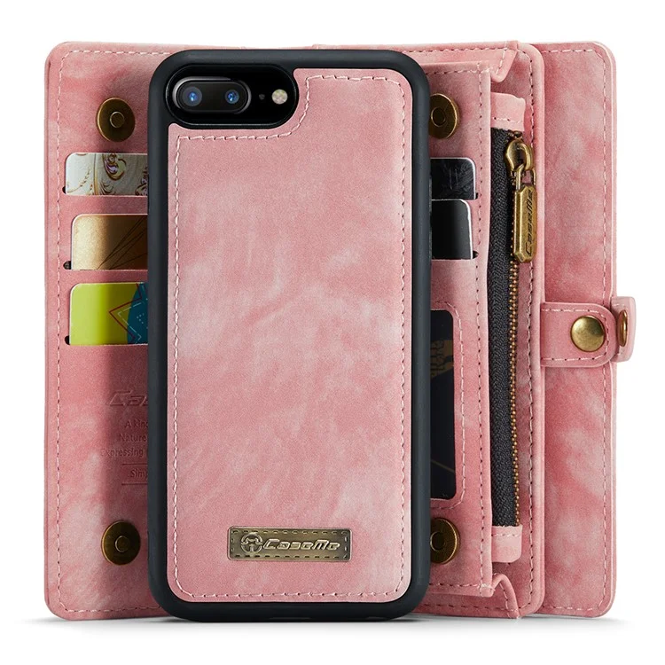 CASEME Vintage PU-Lederkoffer für iPhone 8 Plus / 7 Plus, 008 Series 2-in-1 PC Multi-slot Portemonnaie-Handyhülle - Pink