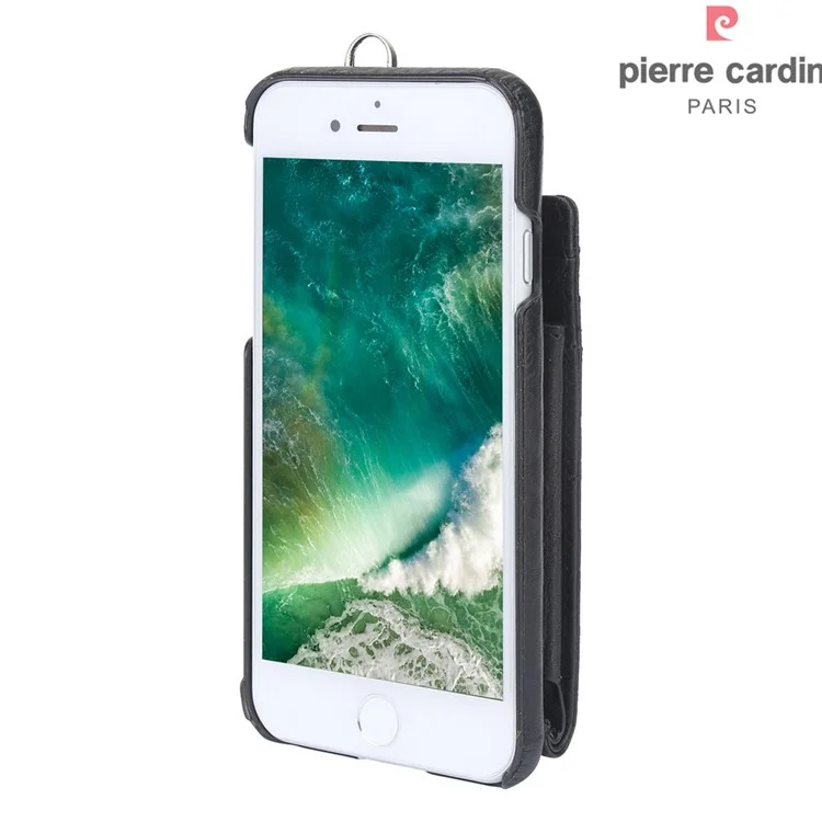 PIERRE CARDIN Credit / SIM Card Slots Genuine Leather Coated Hard Case for iPhone SE (2020) / SE (2022) / 8 / 7 4.7 inch - Black