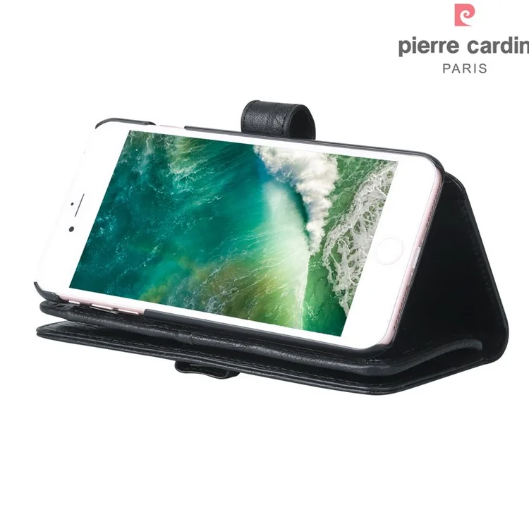 PIERRE CARDIN Genuine Leather Case with 8 Card Slots for iPhone 7 4.7 Inch - Black