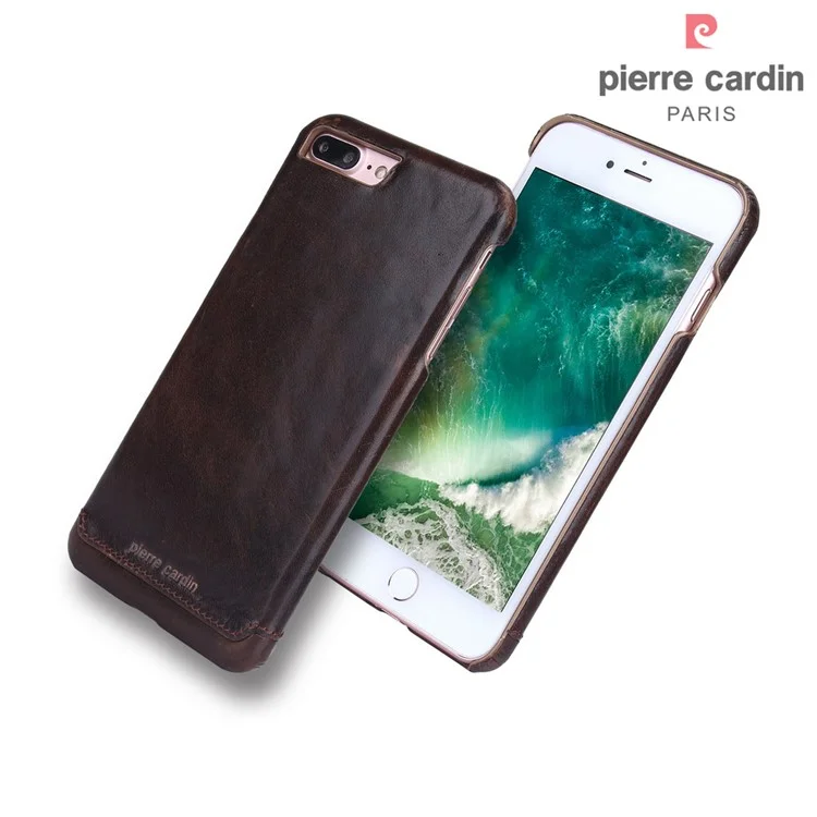 PIERRE CARDIN Stitched Genuine Leather Back Case for iPhone 8 Plus / 7 Plus 5.5 - Coffee