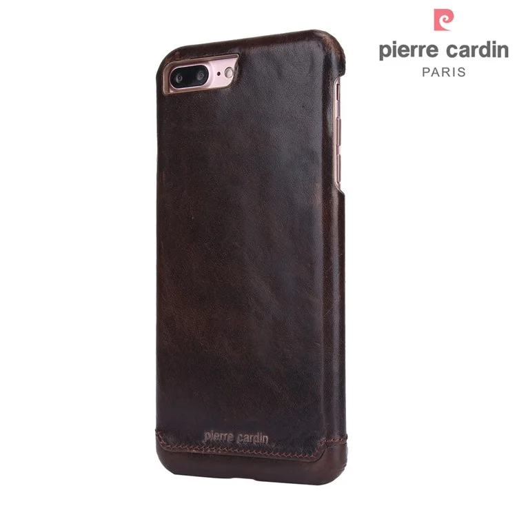 PIERRE CARDIN Stitched Genuine Leather Back Case for iPhone 8 Plus / 7 Plus 5.5 - Coffee