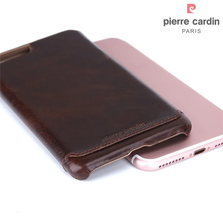 PIERRE CARDIN Stitched Genuine Leather Back Case for iPhone 8 Plus / 7 Plus 5.5 - Coffee