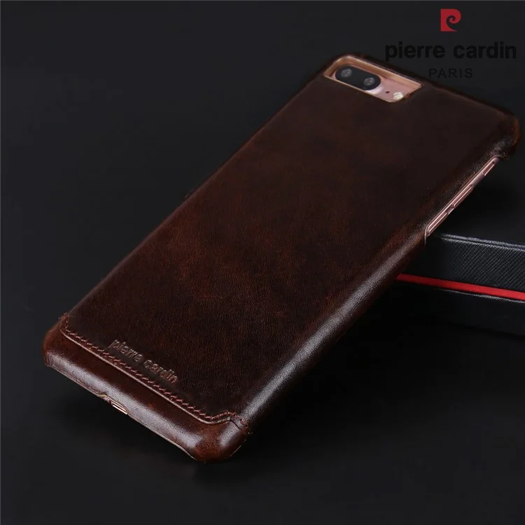 PIERRE CARDIN Stitched Genuine Leather Back Case for iPhone 8 Plus / 7 Plus 5.5 - Coffee