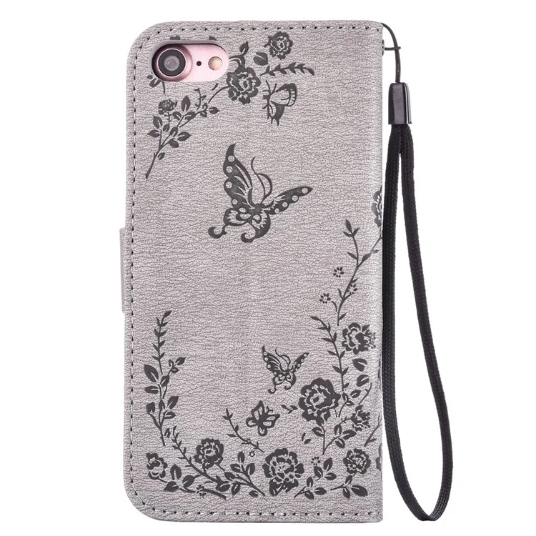 Imprinted Rhinestone Leather Wallet Case for iPhone 8 / 7 4.7 inch with Wrist Strap - Grey