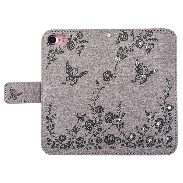 Imprinted Rhinestone Leather Wallet Case for iPhone 8 / 7 4.7 inch with Wrist Strap - Grey