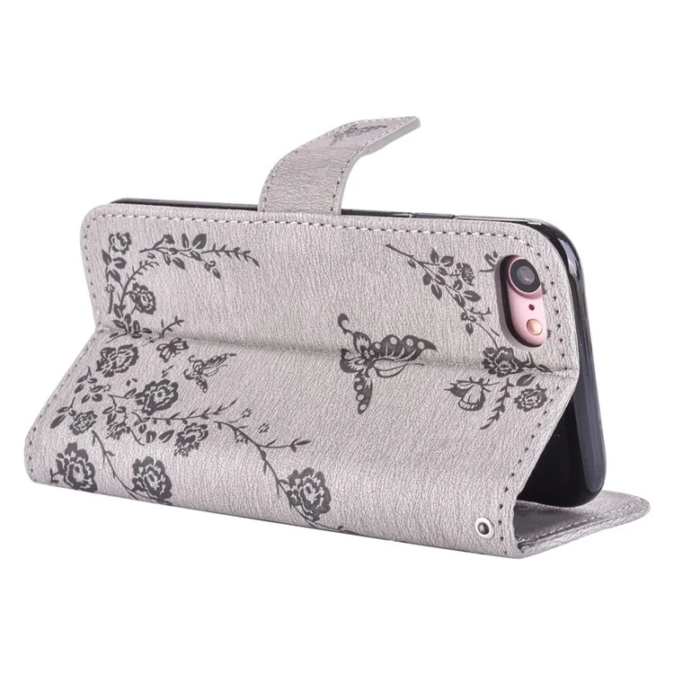 Imprinted Rhinestone Leather Wallet Case for iPhone 8 / 7 4.7 inch with Wrist Strap - Grey