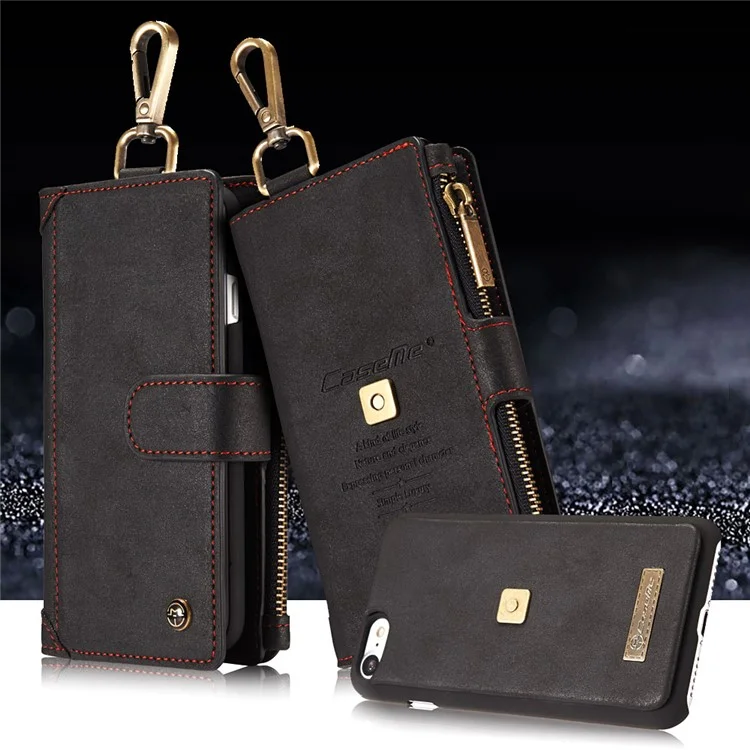 CASEME for iPhone 8 / 7 Metal Clip Wallet Retro Split Leather Cover + Detachable Inner Case - Black
