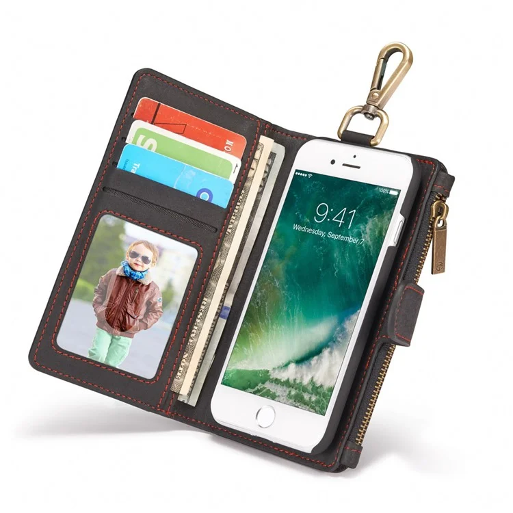 CASEME for iPhone 8 / 7 Metal Clip Wallet Retro Split Leather Cover + Detachable Inner Case - Black